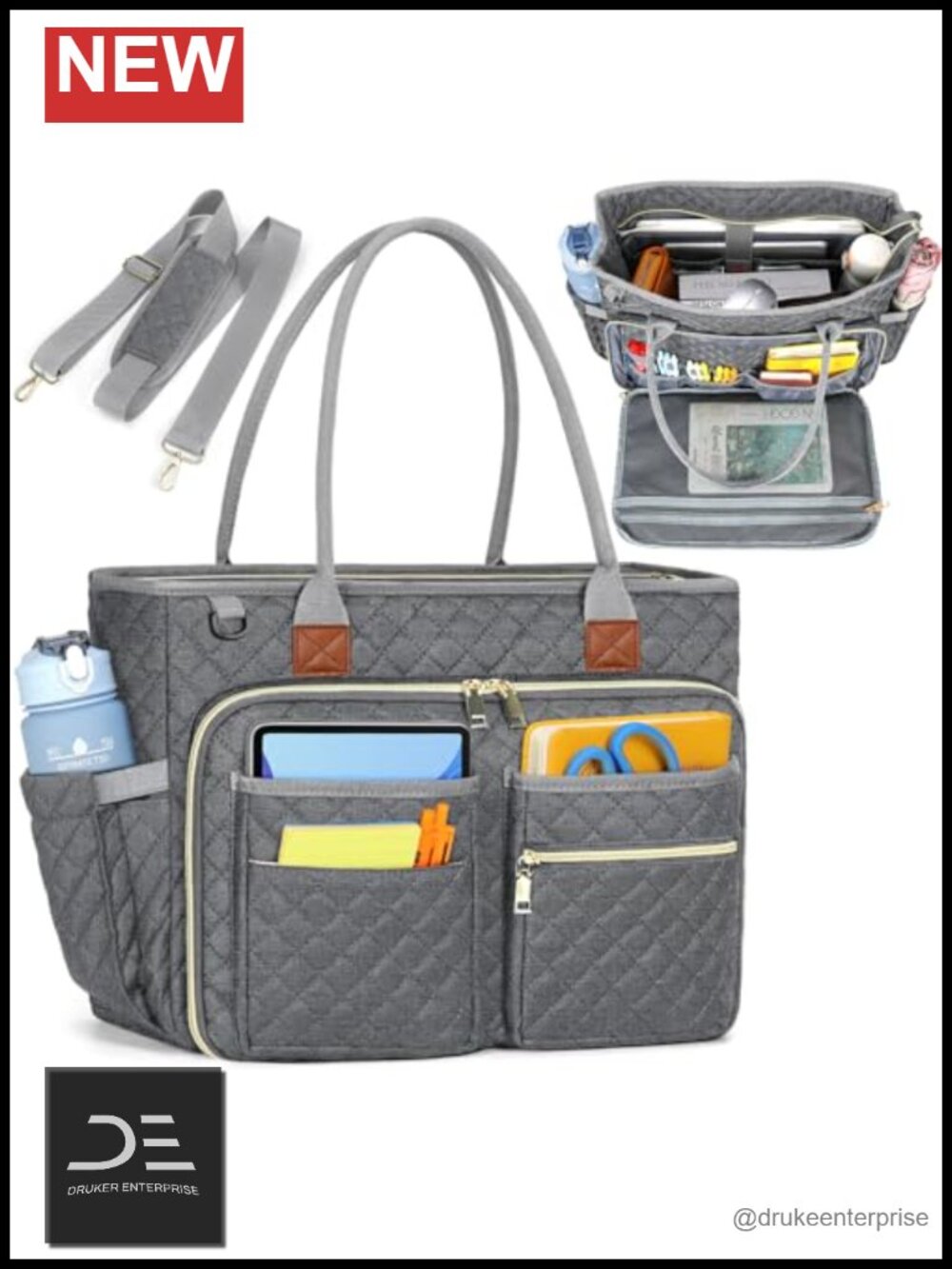 15.6" Laptop Tote with 21 Pockets, Water Resistant Polyester, Insulated Pockets
